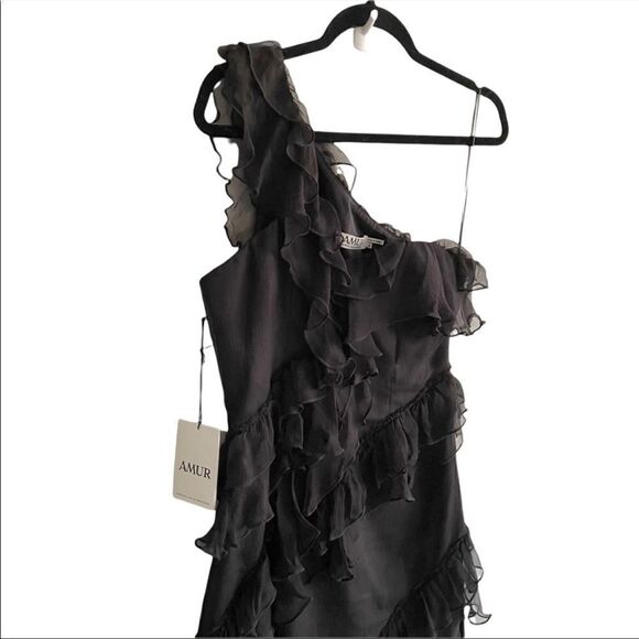 AMUR Harlow Silk Sleeveless One-Shoulder Ruffle Maxi Dress Black 0 - Picture 15 of 16